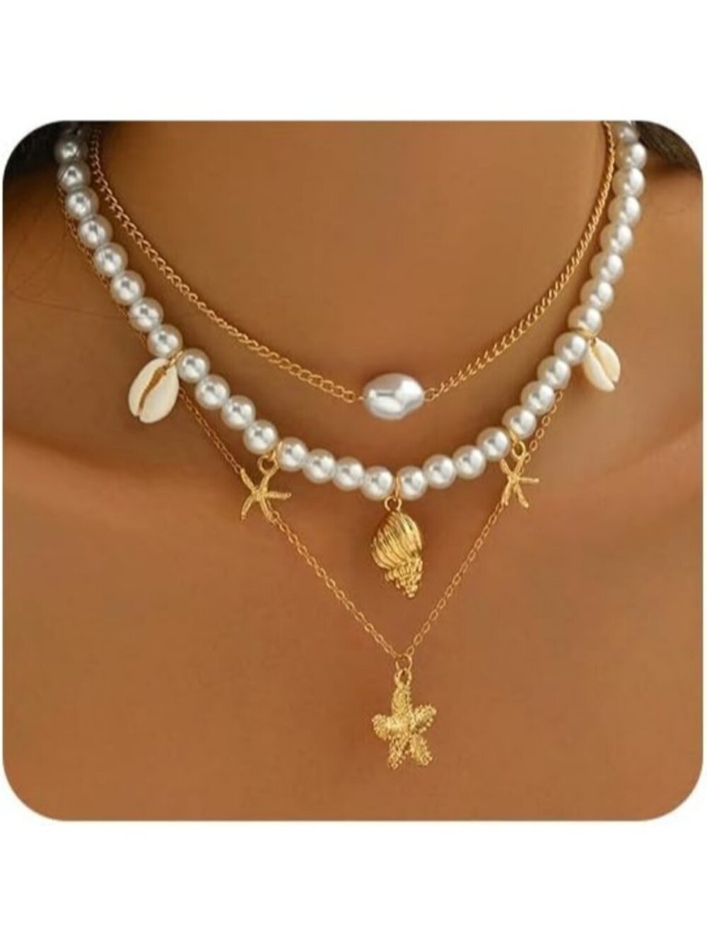 Women's 3 Layer Gold Starfish Pearl Seashell Cowrie Shell Beach Necklace